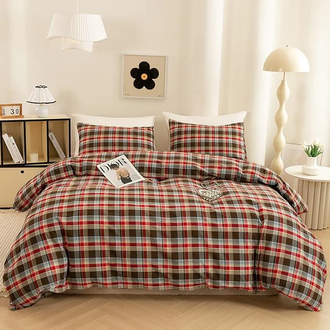 Crafted ECOCOTT Buffalo Plaid Duvet Cover King Size– 3 Piece Washed Cotton Bedding Set with Classic Checkered Pattern Red amp Brown Duvet Cover with Pillowcases for All Seasons Contemporary