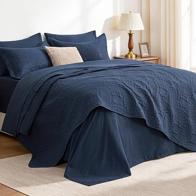 Trendy Love 39 s cabin Queen Quilt Set Navy Bed in a Bag Queen Size Bedding 7 Pieces Ultrasonic Embossed Coin Pattern Comforter Lightweight Bedspreads for All Seasons Quilt with Sheets Pillowcases amp Shams Elegant