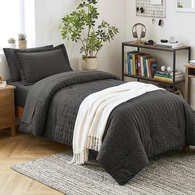 Eco-Friendly CozyLux Twin Comforter Set with Sheets 5 Pieces Dark Grey Seersucker Textured Bed in a Bag Dark Gray Luxury Soft Bedding Sets with Down Comforter Sheets Pillowcase amp Sham All Seasons Sophisticated