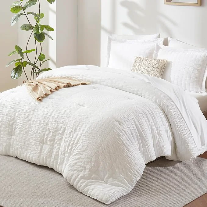 Professional CozyLux King Size Comforter Set White Seersucker 7 Pieces Bed in a Bag King Comforter Set with Sheets Luxury Soft Bedding Sets with Down Comforter Sheets Pillowcases amp Shams All Seasons Dependable