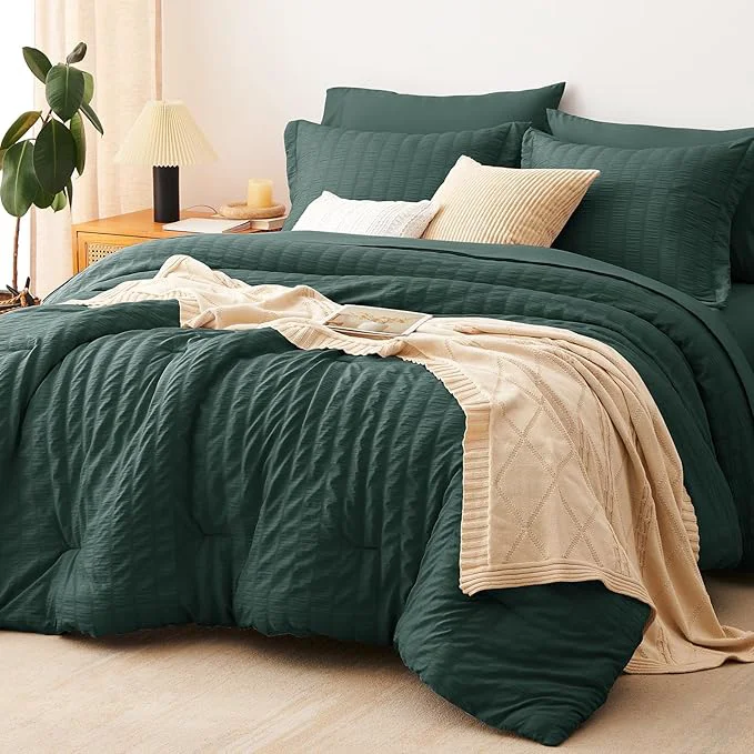 Comfortable CozyLux Oversized King Comforter Set Forest Green Seersucker 7 Pieces 120×98 Bed in a Bag Comforter Set with Sheets Luxury Bedding Sets with Down Comforter Sheets Pillowcases amp Shams World-Class