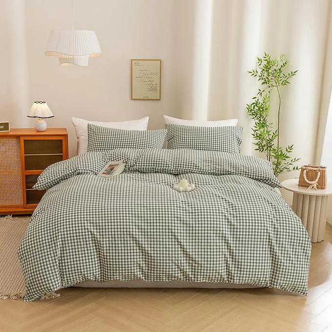 Recyclable ECOCOTT Green Gingham Duvet Cover King Size Washed Cotton Like Linen Feel Super Soft amp Comfy Bedding Set Modern Checkered Design for All Seasons Traditional