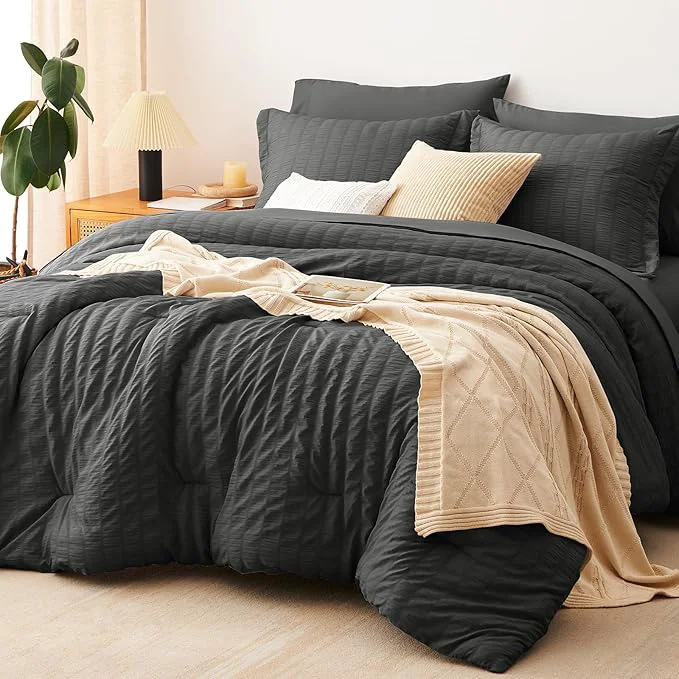 Official CozyLux Oversized King Comforter Set Dark Grey Seersucker 7 Pieces 120×98 Bed in a Bag Comforter Set with Sheets Dark Gray Luxury Bedding Sets Down Comforter Sheets Pillowcases amp Shams Proven