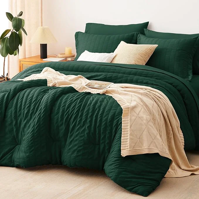 Professional CozyLux King Size Comforter Set Emerald Green Seersucker 7 Pieces Bed in a Bag King Comforter Set with Sheets Luxury Bedding Sets with Down Comforter Sheets Pillowcases amp Shams Soft