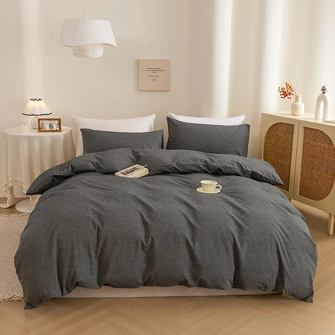 Versatile ECOCOTT Duvet Cover Set Washed Cotton Linen-Like Textured Soft amp Breathable Durable Comfy Bedding Set for All Seasons Grey Twin Sustainable