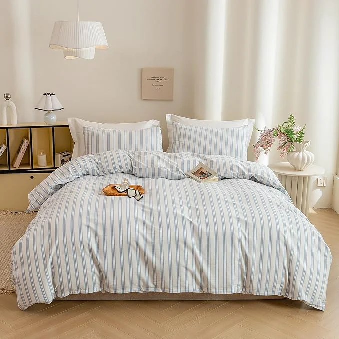 Classic ECOCOTT Striped Duvet Cover Queen Size – Washed Cotton Linen Like Textured Breathable Durable Soft Comfy Bedding Set with Zipper Closure amp Corner Ties Fast