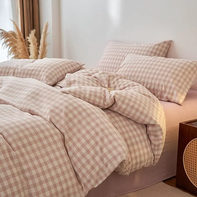 Advanced Pink Gingham Duvet Cover Full Washed Cotton Boho Comforter Cover Full Checkered Plaid Lightweight Cute Duvet Cover Set with Hidden Zipper Cozy Teen Bedding Set for Girls Duvet Protector