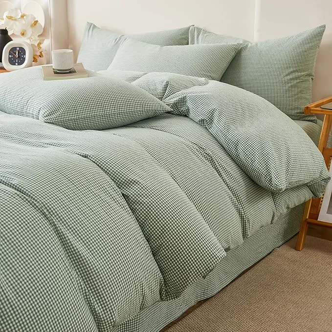 Sophisticated Sage Green Gingham Duvet Cover Twin XL Washed Cotton Plaid Twin XL Comforter Cover Boho Farmhouse Soft Breathable Duvet Cover Set with Zipper Checkered Patterned Bedding Cute Duvet Protector Premium Material