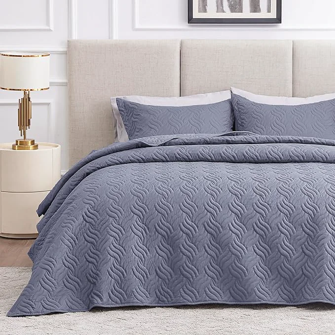 Sustainable Love 39 s cabin Quilts for Full Bed Bluish Grey Bedspreads Bedding Set – Lightweight Bedspread Comforter – Wave Pattern Bedding Coverlet for All Season – 3 Pieces 1 Quilt 2 Pillow Shams Classic