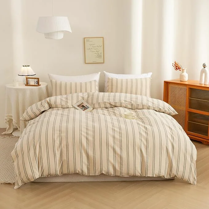 Sustainable ECOCOTT Duvet Cover Oversized King Size – Linen Feel Organic Natural Washed Cotton Soft Breathable amp Durable Bedding Set Comfy Stripe Design for All Seasons Eco-Friendly