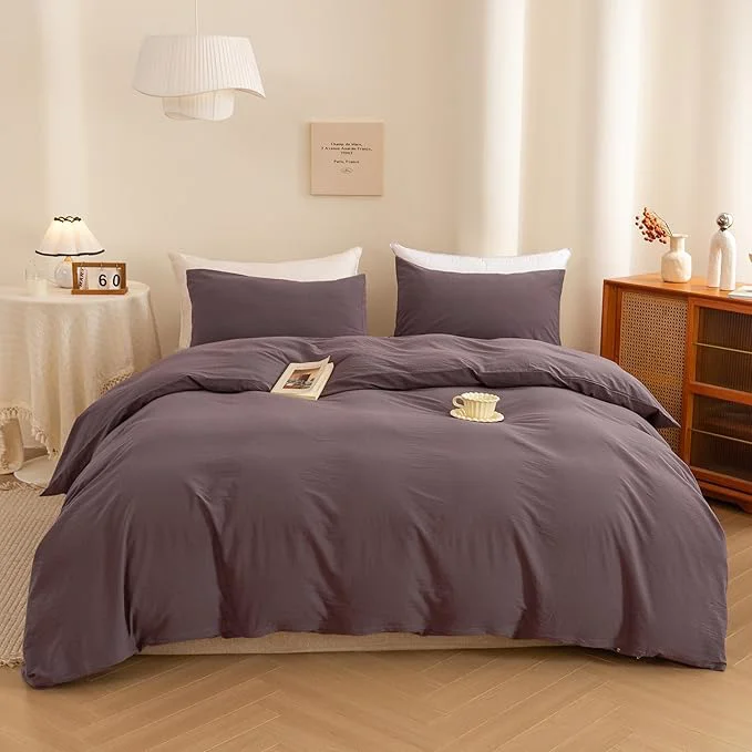 ECOCOTT Duvet Cover Set Washed Cotton Linen-Like Textured Soft amp Breathable Durable Comfy Bedding Set for All Seasons Oversized Queen Size Lilac Purple Long-Lasting