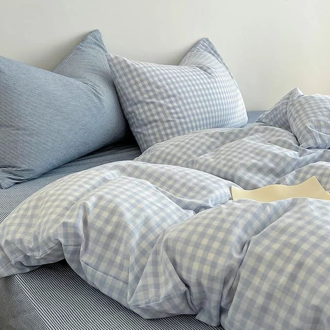 Premium Material Blue Gingham Full Size Duvet Cover Washed Cotton Boho Full Size Comforter Cover Cute Soft Plaid Chic Duvet Cover Set with Hidden Zipper Coquette Farmhouse Bedding Set Aesthetic Duvet Protector Smart