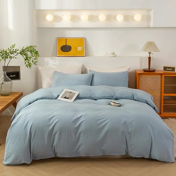 Clean ECOCOTT Washed Cotton Duvet Cover Twin Size – Soft amp Breathable Linen Feel Bedding Set 3 Pieces Light Blue Comforter Cover with Zipper Closure for All Seasons Contemporary