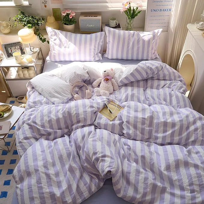 Genuine Purple Striped Queen Duvet Covers Vintage Cute Comforter Queen Size Cover Soft Farmhouse Boho Hotel Duvet Cover Set with Hidden Zipper Dorm Room Girls Bedding Washed Microfiber Duvet Protector Practical