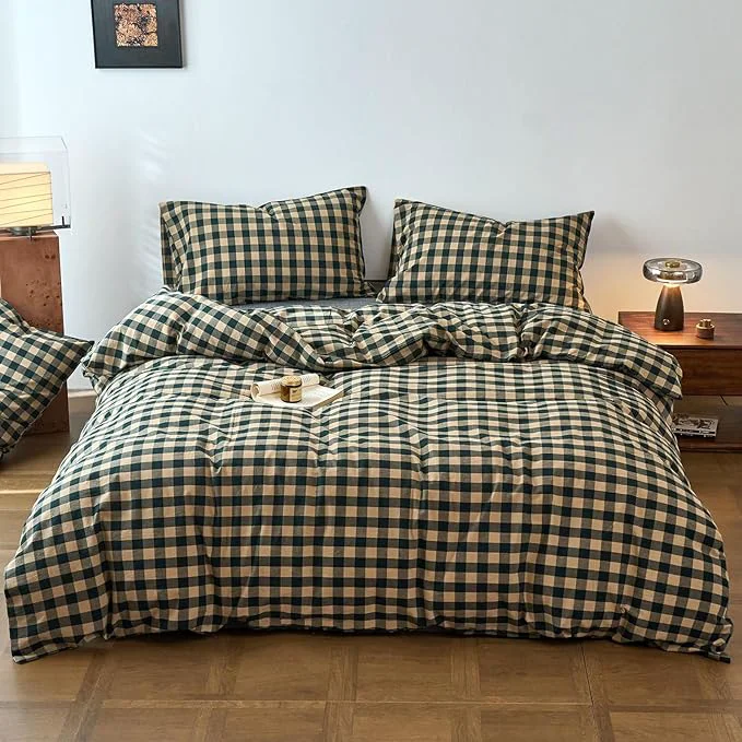 Authentic Checkered Duvet Cover XL Twin Dark Green Washed Cotton Twin XL Comforter Cover Boho Gingham Buffalo Plaid Zipper Duvet Cover Set with Corner Ties Pattern Boys Bedding Set Chic Duvet Protector Innovative