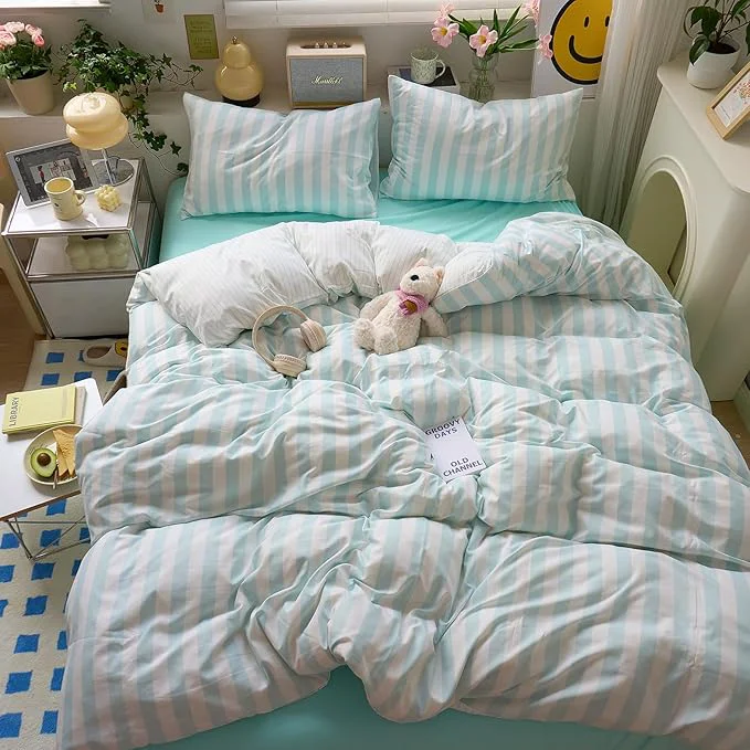 Refined Sky Blue Striped Full Size Duvet Cover Set Soft Boho Full Comforter Cover Stripes Chic Aesthetic Farmhouse Duvet Cover with Hidden Zipper College Dorm Bedding Washed Microfiber Duvet Protector High-End