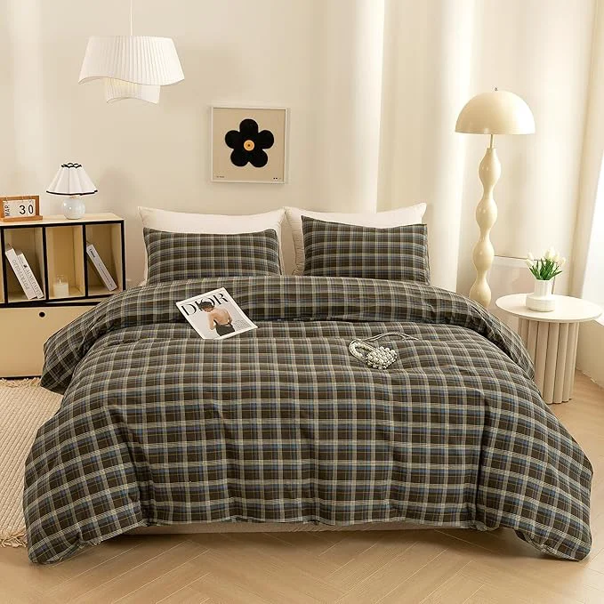 Premium ECOCOTT Buffalo Plaid Duvet Cover King Size – 3 Piece Washed Cotton Brown amp Blue Bedding Set Soft amp Breathable Reversible Checkered Design with Zipper Closure amp Corner Ties Healthy