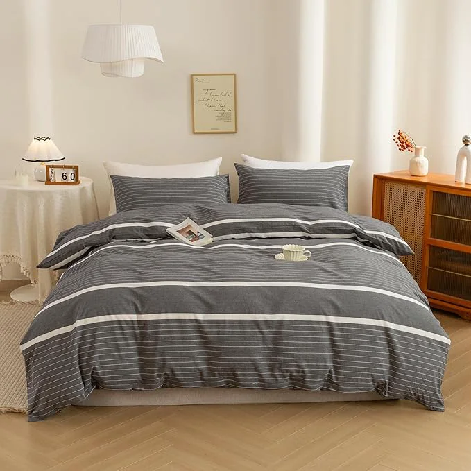 High-End ECOCOTT Duvet Cover Set Washed Cotton Linen-Like Textured Soft amp Breathable Durable Comfy Bedding Set for All Seasons California King Size Grey Stripes Efficient