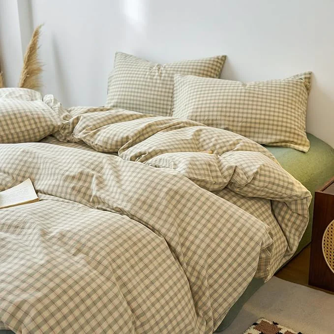 Unique Green Gingham Duvet Covers King Washed Cotton Plaid King Comforter Cover Sage Green Boho Pattern Zipper Duvet Cover Set with 2 Pillow Cases Cute Checkered Bedding Set Vintage Duvet Protector Authentic