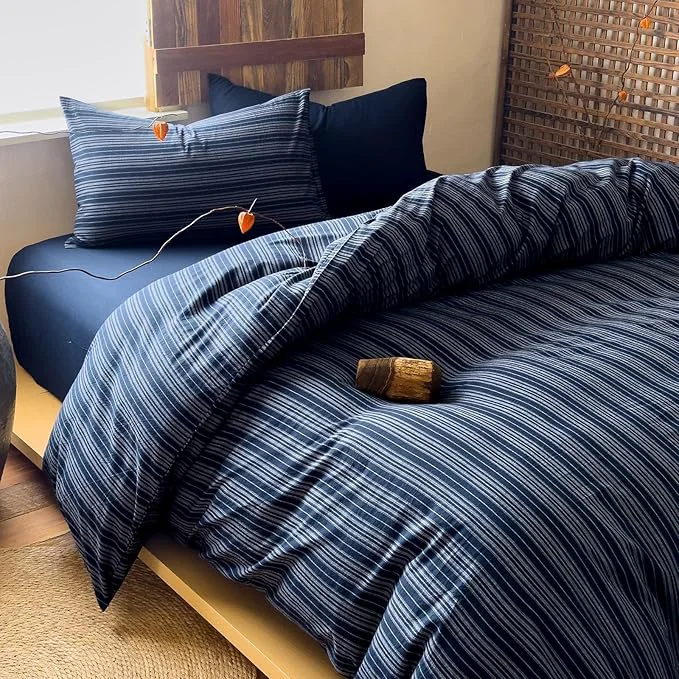 Functional Striped Queen Duvet Cover Navy Blue Washed Cotton Queen Comforter Cover Soft Grey Vertical Stripe Farmhouse Duvet Cover Set with Zipper Boho Patterned Bedding Set Wabi Sabi Duvet Protector Exceptional