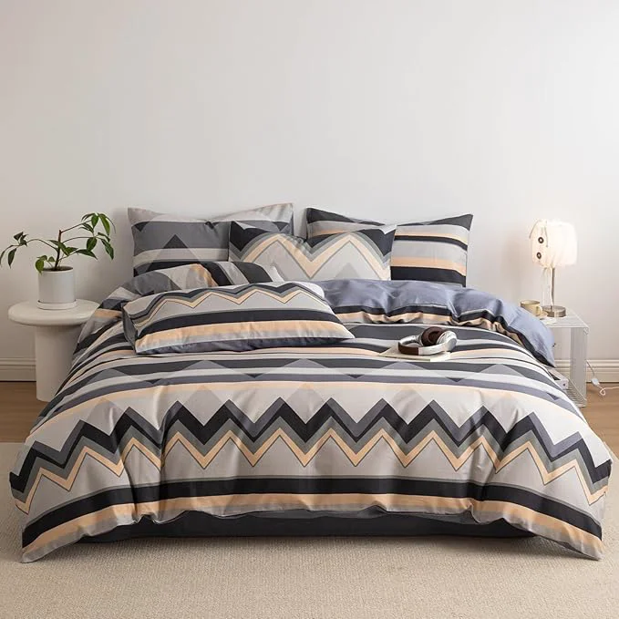 Advanced Boho Twin XL Duvet Cover Set Grey Cotton Comforter Cover Twin XL Neutral Soft Chevron Pattern Zipper Duvet Cover Set with Corner Ties Farmhouse Teen Boy Bedding Set Modern Duvet Protector