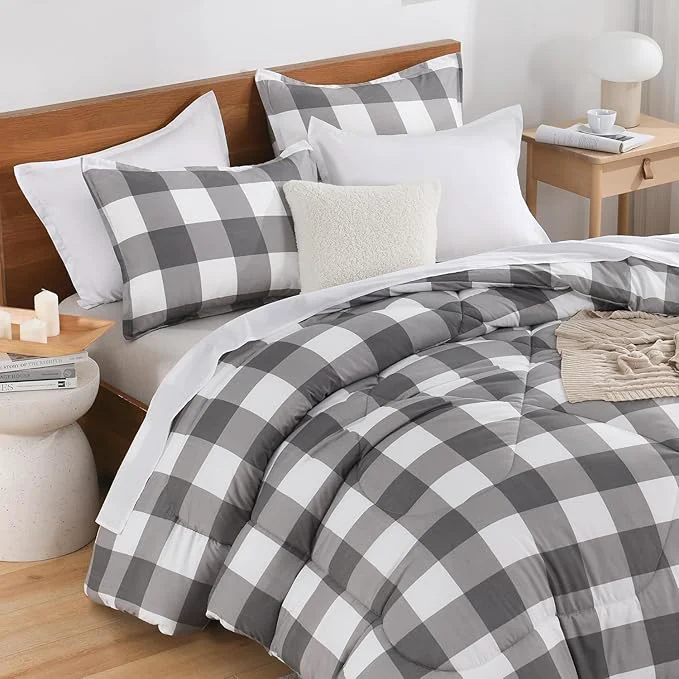 Comfortable Andency Plaid Comforter Twin XL 68x92Inch Gray White Checkered Gingham Buffalo Grid Bed Set for Students Boys Kids Teens 2 Pieces Lightweight Polyester Geometric Dorm Bedding Responsible