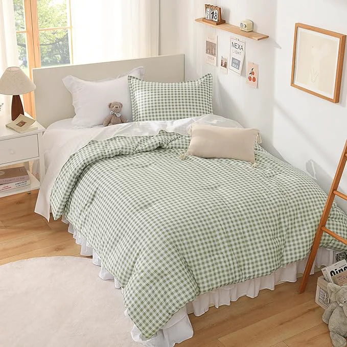 Comfortable Andency Sage Gingham Comforter Set Full 79x90Inch Green Checkered Grid Plaid Buffalo Bed Set for Girls Boys Kids Teens 3 Pieces Lightweight Polyester Geometric Preppy Bedding Specialty