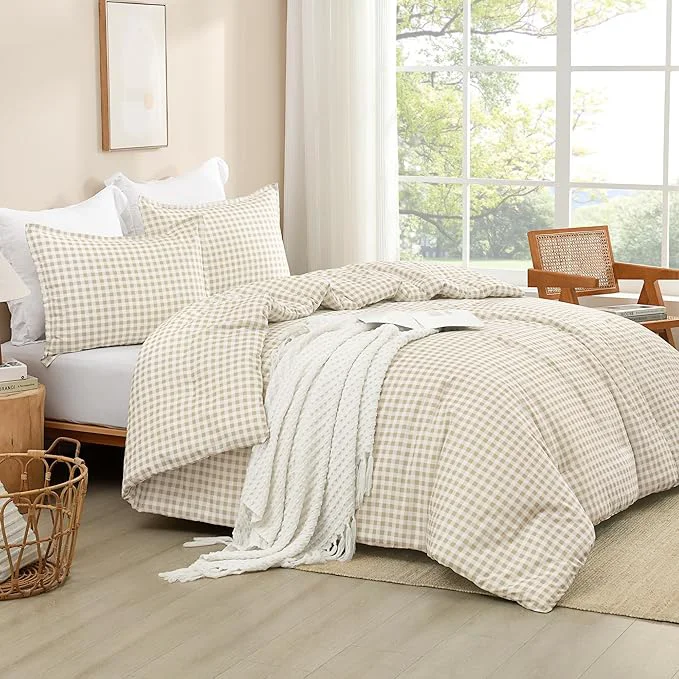 Unique Andency Beige Gingham Comforter Set Queen 90x90Inch Cream Checkered Grid Plaid Buffalo Bed Set for Girls Boys Kids Teens 3 Pieces Lightweight Polyester Geometric Preppy Bedding Sustainable