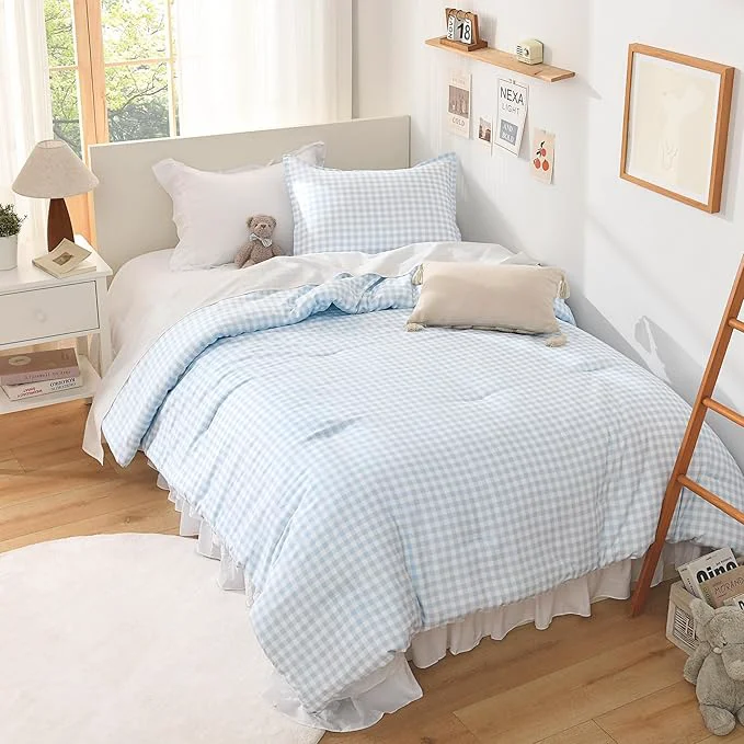 Efficient Andency Light Blue Gingham Comforter Set Twin 66x90Inch Checkered Grid Plaid Buffalo Bed Set for Girls Boys Kids Teens 2 Pieces Lightweight Polyester Geometric Preppy Bedding Stylish