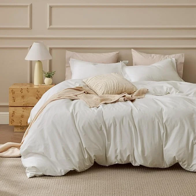 Selected Bedsure Washed Cotton Duvet Cover Full Size – Ivory Minimalist Bedding Set Linen Like – PureWoven Plain Simple amp Soft Comforter Cover for All Seasons 3 Pieces Ivory Full 80 quot x90 quot Natural