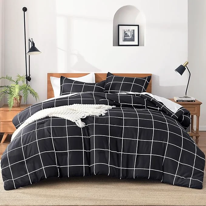 Carefully Designed Andency Black Full Size Comforter Set 3 Pieces Plaid Grid Bedding Comforter Set for Boys Kids All Season Soft Lightweight Polyester Gingham Geometric Bed Set