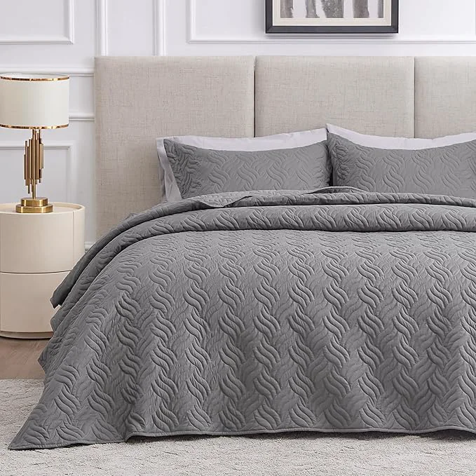 Professional Love 39 s cabin Quilts for Queen Bed Grey Bedspreads Bedding Set – Summer Lightweight Bedspread Comforter – Wave Pattern Bedding Coverlet for All Season – 3 Pieces 1 Quilt 2 Pillow Shams Top-Quality