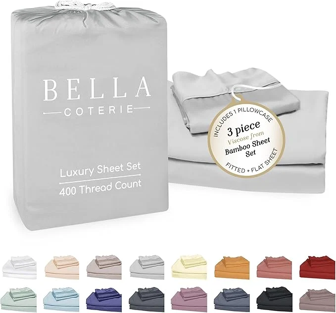 Reliable Bella Coterie Luxury Bamboo Viscose Twin XL Size Sheet Set Organically Grown Ultra Soft Cooling for Hot Sleepers 18 quot Deep Pocket Grey Mist Crafted