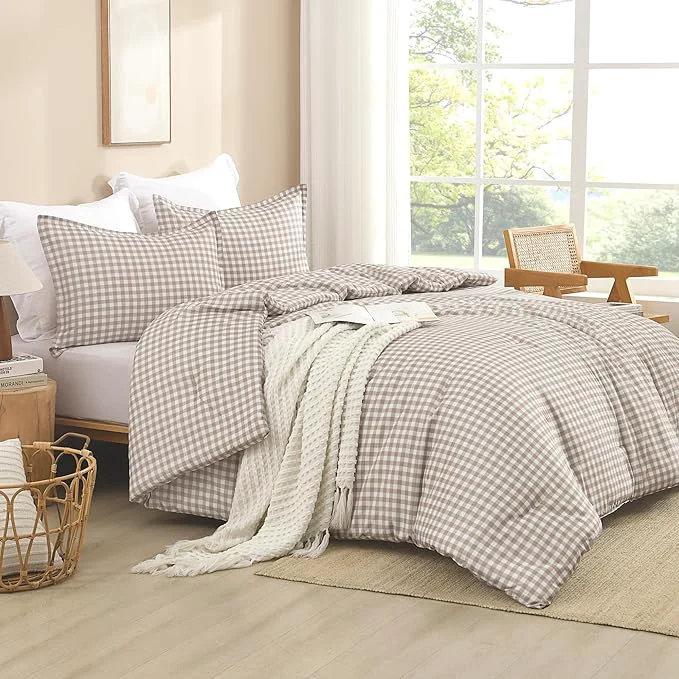 Environmentally Friendly Andency Tan Checkered Comforter King 104x90Inch Plaid Gingham Buffalo Grid Bedding Comforter Sets for Boys Kids Teens 3 Pieces Lightweight Polyester Geometric Preppy Bed Set Powerful