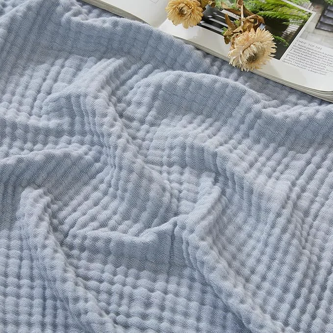Secure EMME Cotton Muslin Queen Blanket Bed Layering Bedspread Coverlet Breathable Gauze Soft Lightweight Blankets Heather Dusty Blue 90 quot x90 quot High-Quality