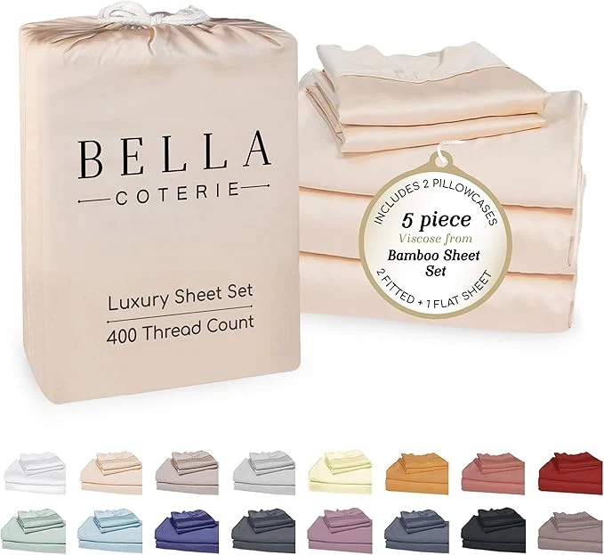 Traditional Bella Coterie Luxury Bamboo Viscose Split King Size Sheet Set 2 Fitted Sheets for Sleep Number amp Adjustable Beds Organically Grown Cooling amp Ultra Soft 18 Deep Pocket Champagne