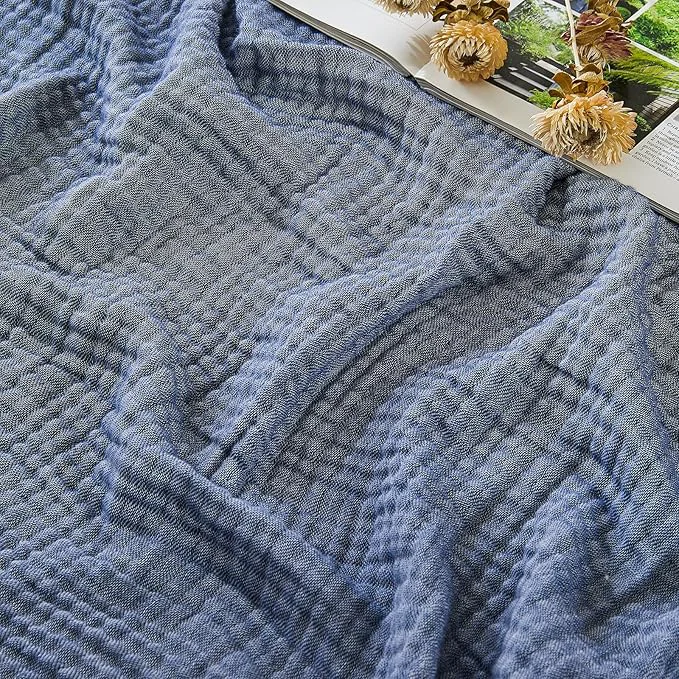 Classic EMME Cotton Muslin Queen Blanket Bed Layering Bedspread Coverlet Breathable Gauze Soft Lightweight Adults Heather Navy 90 quot x90 quot Clean