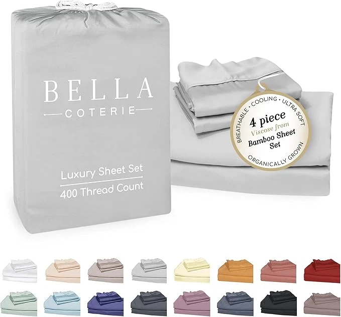 Trendy Bella Coterie Luxury Bamboo Viscose King Size Sheet Set Organically Grown Ultra Soft Cooling for Hot Sleepers 18 quot Deep Pocket Grey Mist Crafted