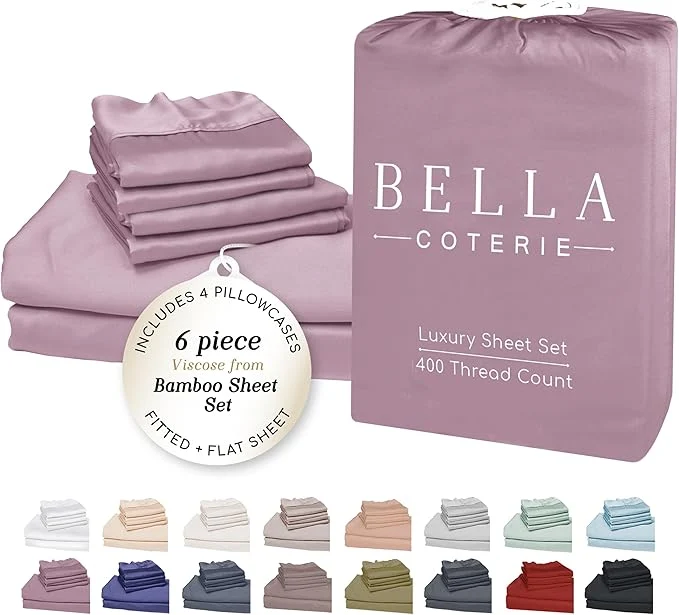 Efficient Bella Coterie 6 Piece Luxury Bamboo Viscose Queen Size Sheet Set Organically Grown Cooling for Hot Sleepers 18 quot Deep Pocket Soft amp Hypoallergenic 4 Pillowcases Lilac Dependable