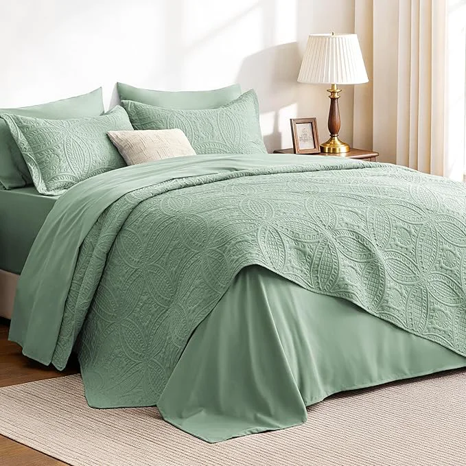 Excellent Love 39 s cabin King Quilt Set Sage Bed in a Bag King Size Bedding 7 Pieces Ultrasonic Embossed Coin Pattern Comforter Lightweight Bedspreads for All Seasons Quilt with Sheets Pillowcases amp Shams Top-Quality
