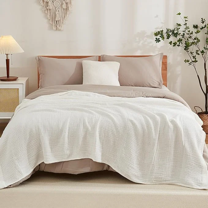 Detailed EMME Cotton Muslin Queen Blanket Bed Layering Bedspread Coverlet Breathable Gauze Soft Lightweight Adults White 90 quot x90 quot Prestigious