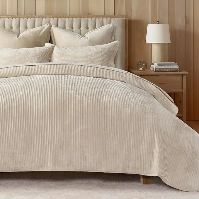 Practical EVERGRACE Velvet Quilt Set King Size Luxurious Soft Quilted Bedding Sets Lightweight Velvet Comforter for All Season Striped Channel Bedspread Coverlet with 2 Shams 104 quot x 92 quot Light Sand Reliable