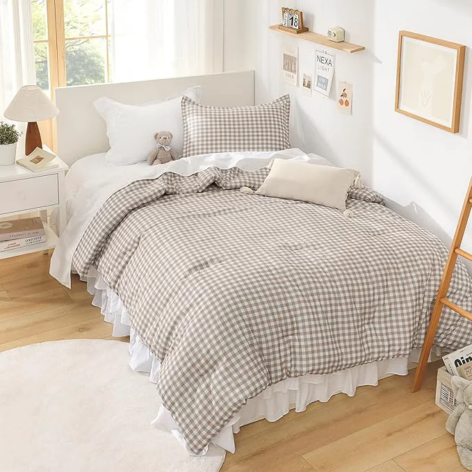 Outstanding Andency Tan Gingham Comforter Set Full 79x90Inch Brown Checkered Grid Plaid Buffalo Bed Set for Girls Boys Kids Teens 3 Pieces Lightweight Polyester Geometric Preppy Bedding Optimized