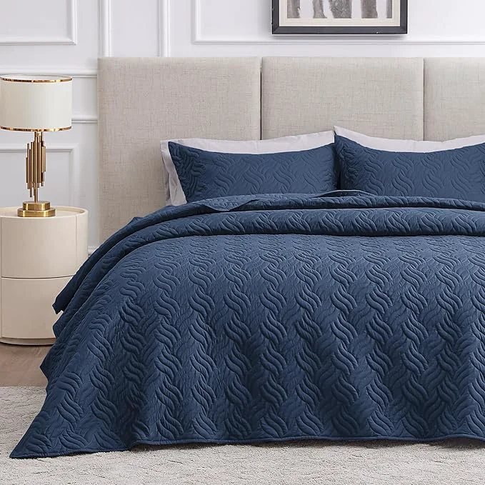 Fast Love 39 s cabin Twin Quilt Set Navy Blue Bedspreads – Soft Bed Summer Lightweight Bedspread Comforter – Modern Style Wave Pattern Coverlet for All Season – 2 Pieces 1 Quilt 1 Pillow Sham Responsible