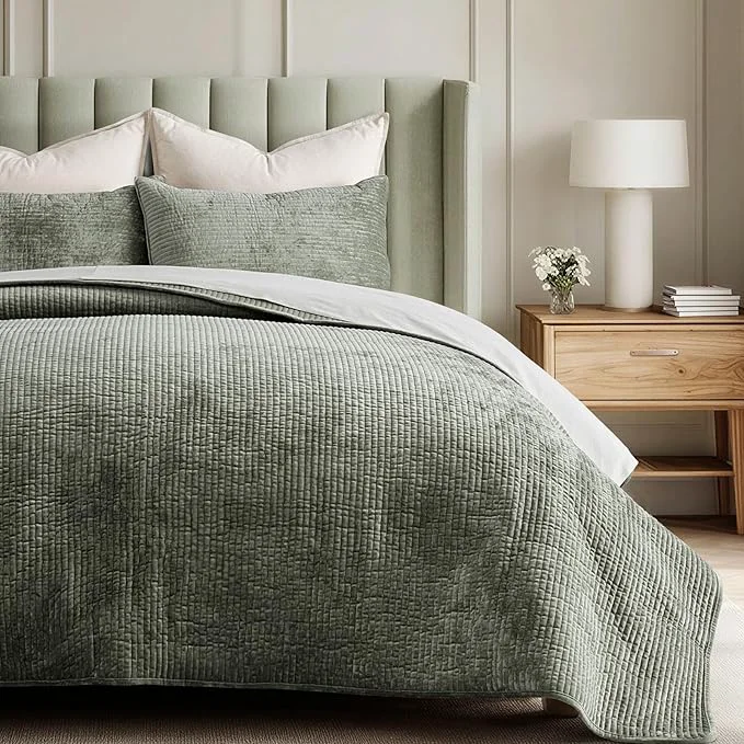Traditional EVERGRACE Velvet Quilt Set Queen Size Luxurious Soft Quilted Bedding Sets Lightweight Velvet Comforter for All Season Striped Channel Bedspread Coverlet with 2 Shams Dried Thyme Green Convenient