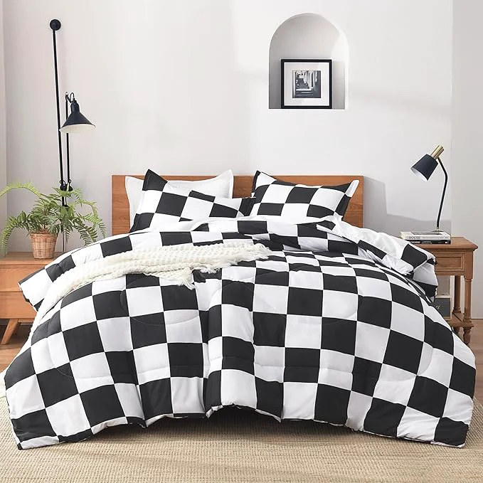Casual Andency Checkered Comforter Twin 66x90Inch Black White Plaid Gingham Bed Set for Teen Boys Kids Lightweight Polyester Geometric Preppy Bedding 2 Pieces Practical