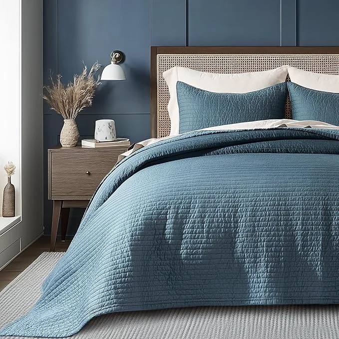 Superior EVERGRACEHOME Cotton Sateen Quilt Set King Size Pre-Washed Cotton Channel Stitch Coverlet Bedspread 3 Pieces Lightweight Soft Bedding Sets for All Season with 2 Pillow Shams Sonoma Blue Exceptional