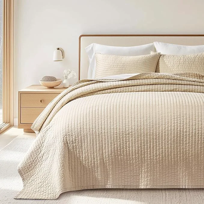 Smart EVERGRACEHOME Cotton Sateen Quilt Set Queen Size Pre-Washed Cotton Channel Stitch Coverlet Bedspread 3 Pieces Lightweight Soft Bedding Sets for All Season with 2 Pillow Shams Light Sand Pure
