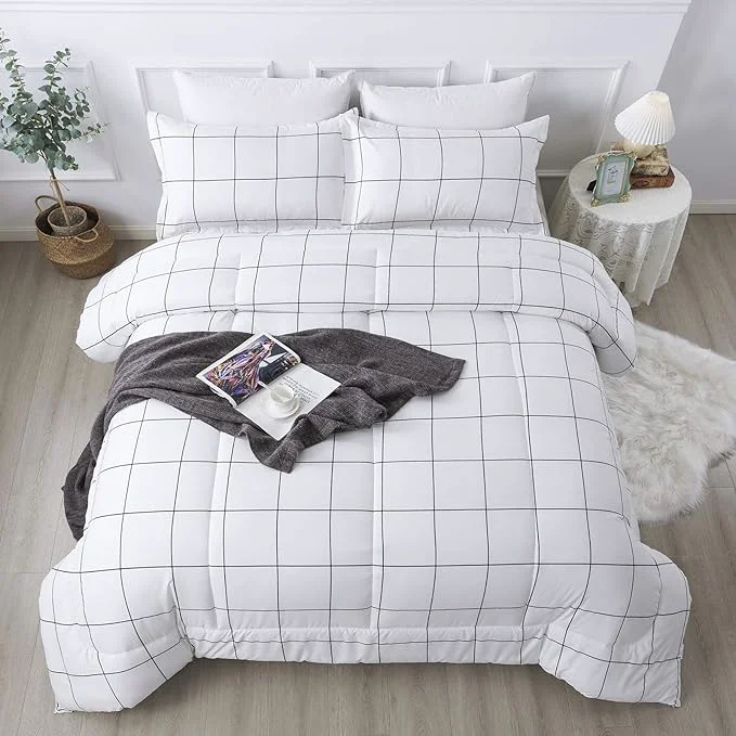 Crafted Andency White Grid Comforter Set Twin Twin XL 66x90Inch 2 Pieces 1 Plaid Comforter and 1 Pillowcase White Plaid Comforter Set Lightweight Polyester Gingham Geometric Comforter Bedding Set Innovative
