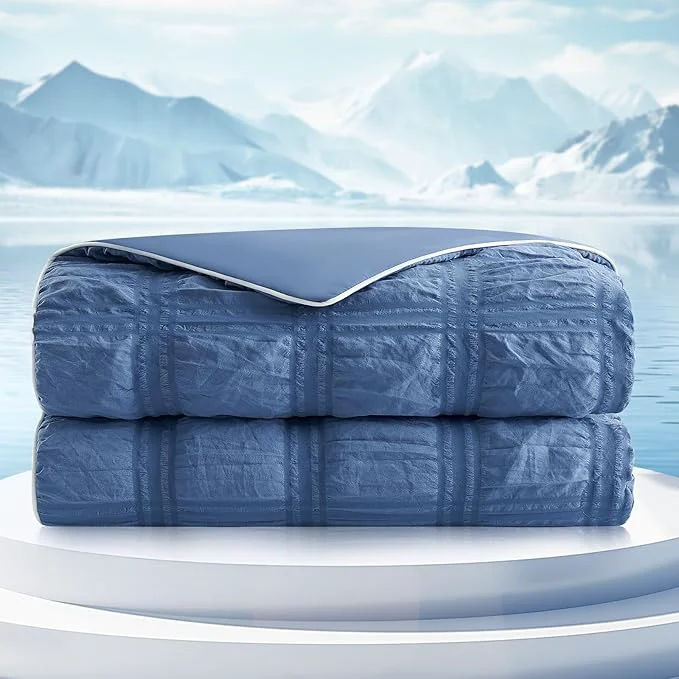 Secure Cozy Bliss Cooling Comforter Seersucker Plaid Twin Size Q-Max 0.45 Lightweight Cooling Blanket Breathable Silk Smooth Summer Bedding Quilt for Hot Sleepers Night Sweats Denim Blue Convenient